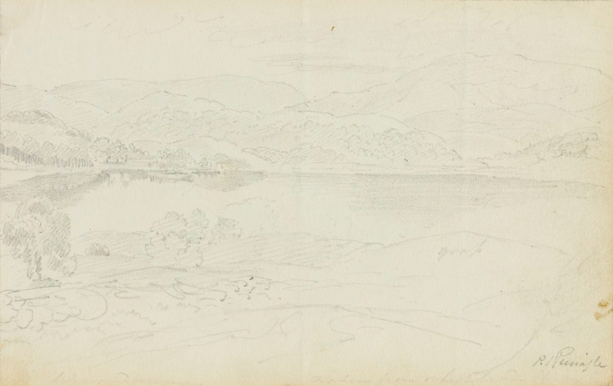 Philip Reinagle RA, Landscape drawing with mountains and a lake