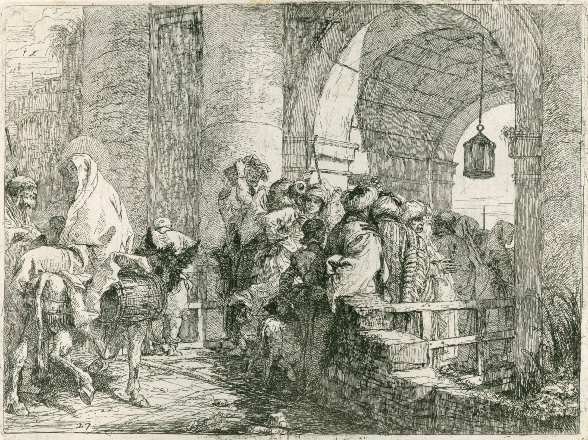 Giandomenico Tiepolo, The Flight into Egypt: The Holy Family arriving at a city gate