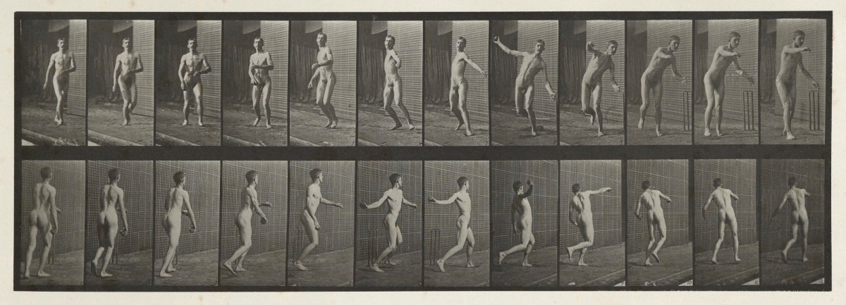 Eadweard Muybridge, Male (nude) playing cricket; round arm bowling.