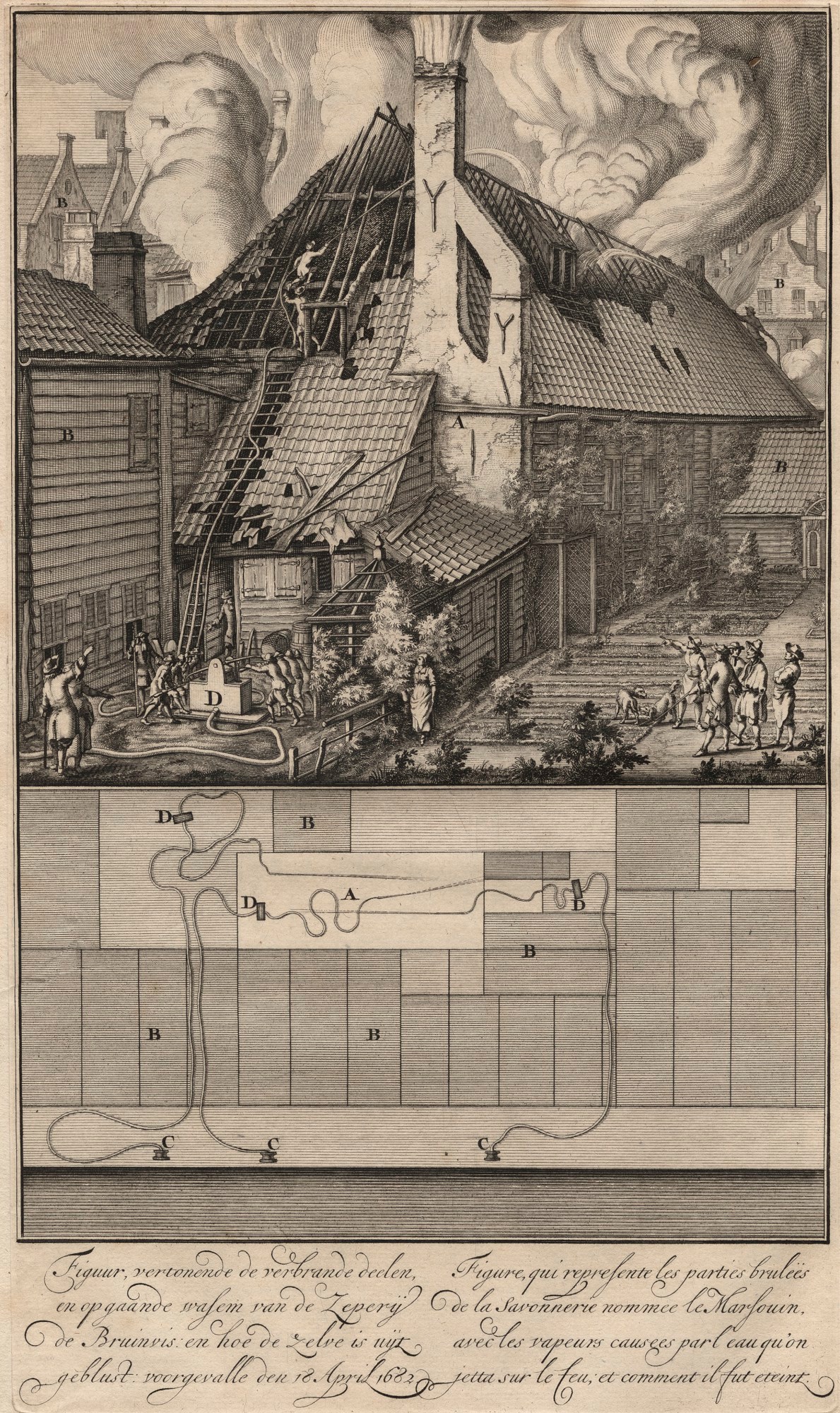 Jan van der Heyden the elder, The fire at the soapery de Bruinvis in Amsterdam on 18 April 1682