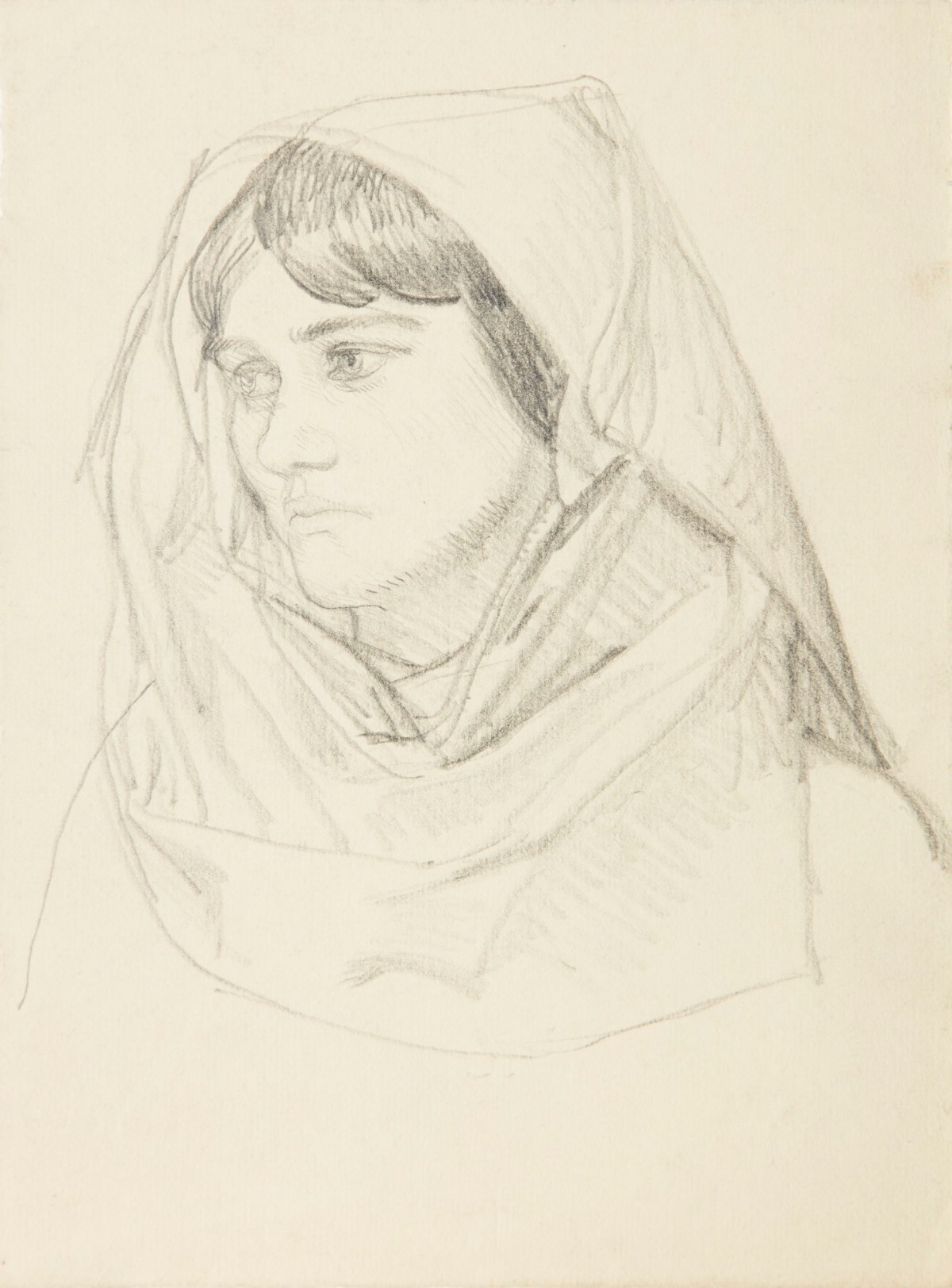 Sir George Clausen RA, Study of a female head with headdress for 'The English People ...'