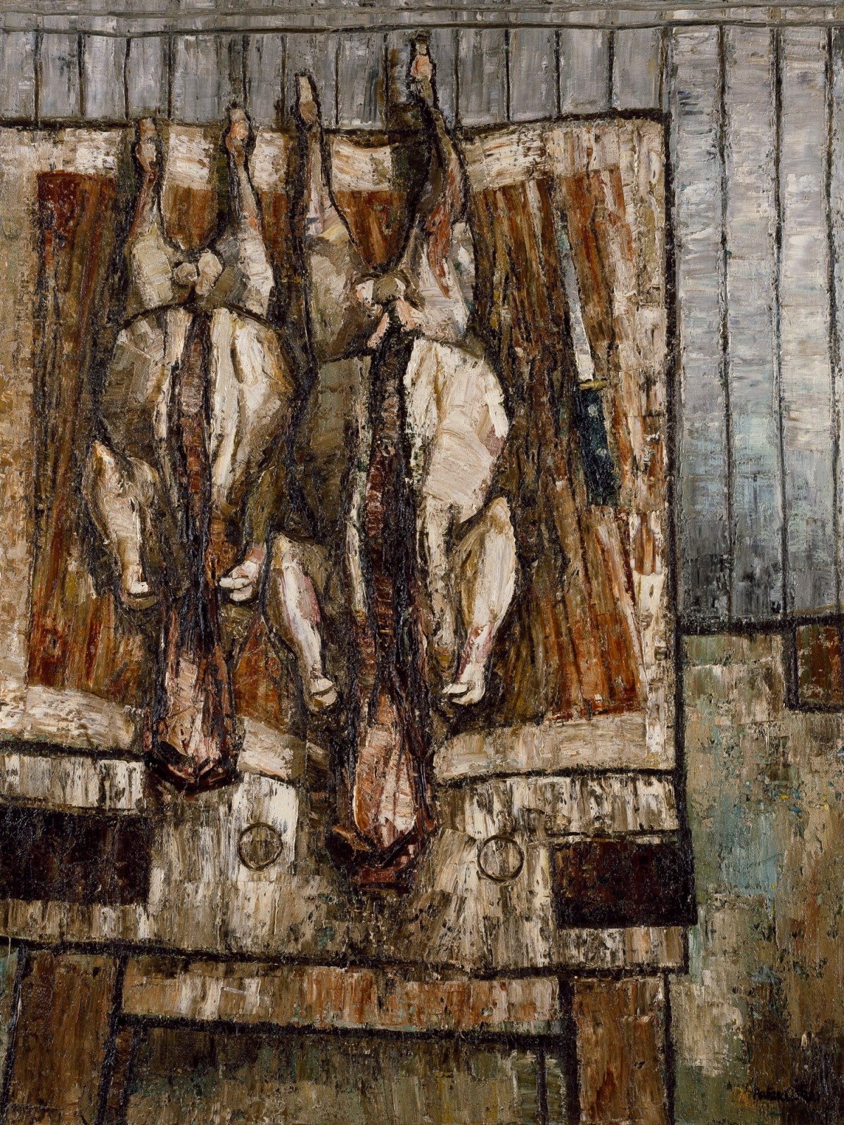 Peter Coker RA, Sheep Carcases on a Bench