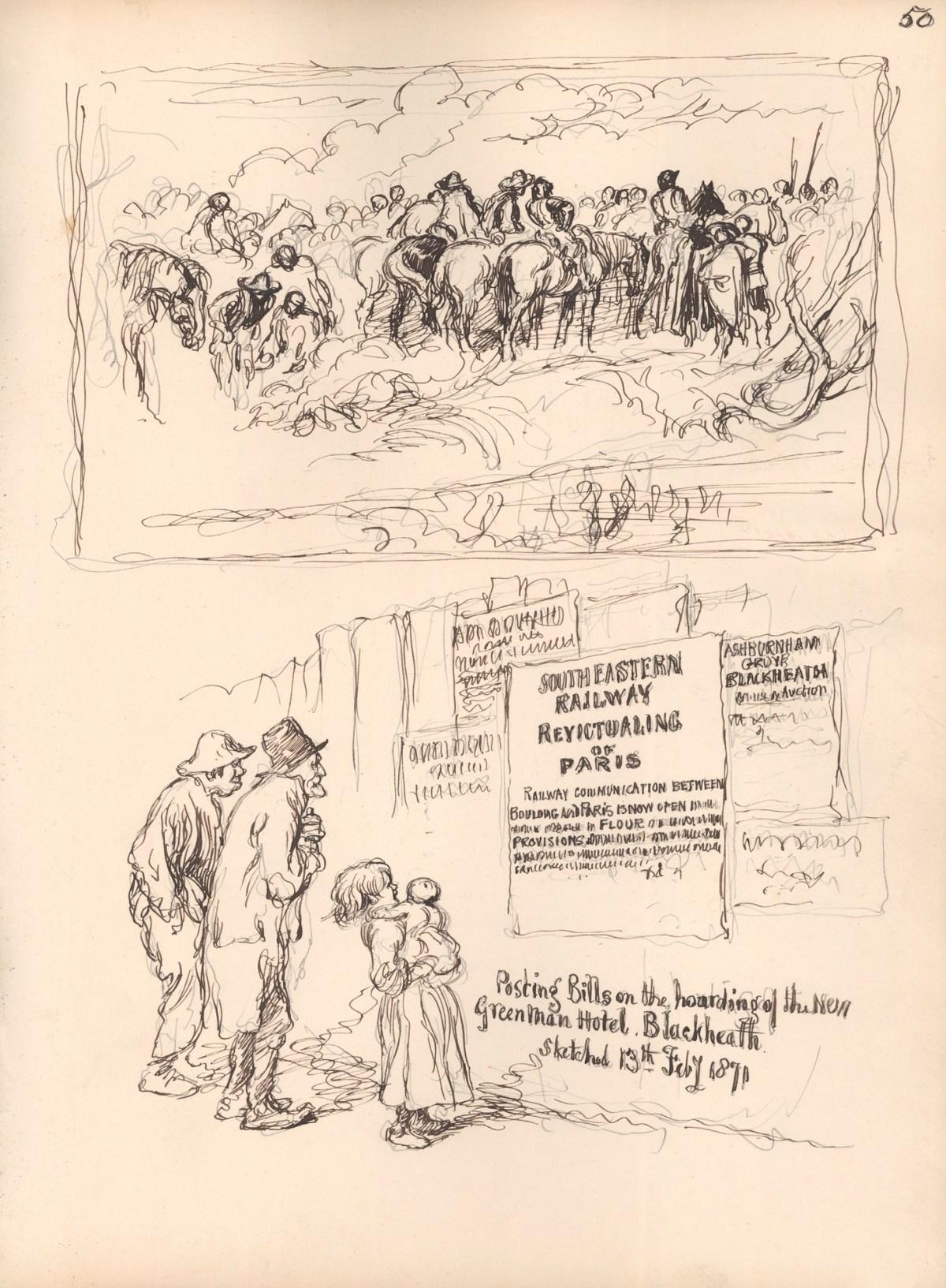 Sir John Gilbert RA, Leaf from a sketchbook with a compositional sketch and drawings of posters on the hoardings of a new hotel at Blackheath