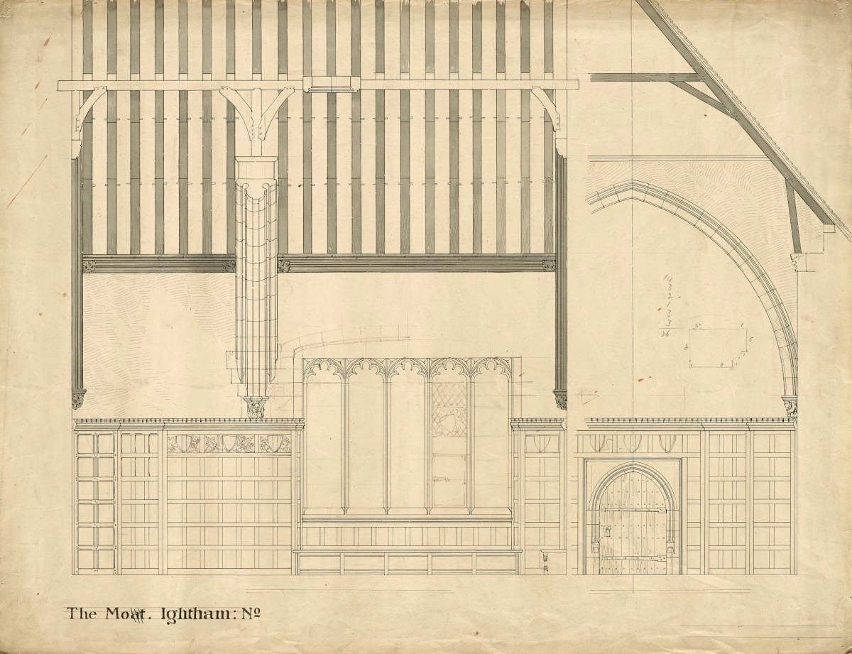 Richard Norman Shaw RA, Design for alterations and additions to hall and lobby, Ightham Mote, Kent: sections through hall of courtyard side and entrance side