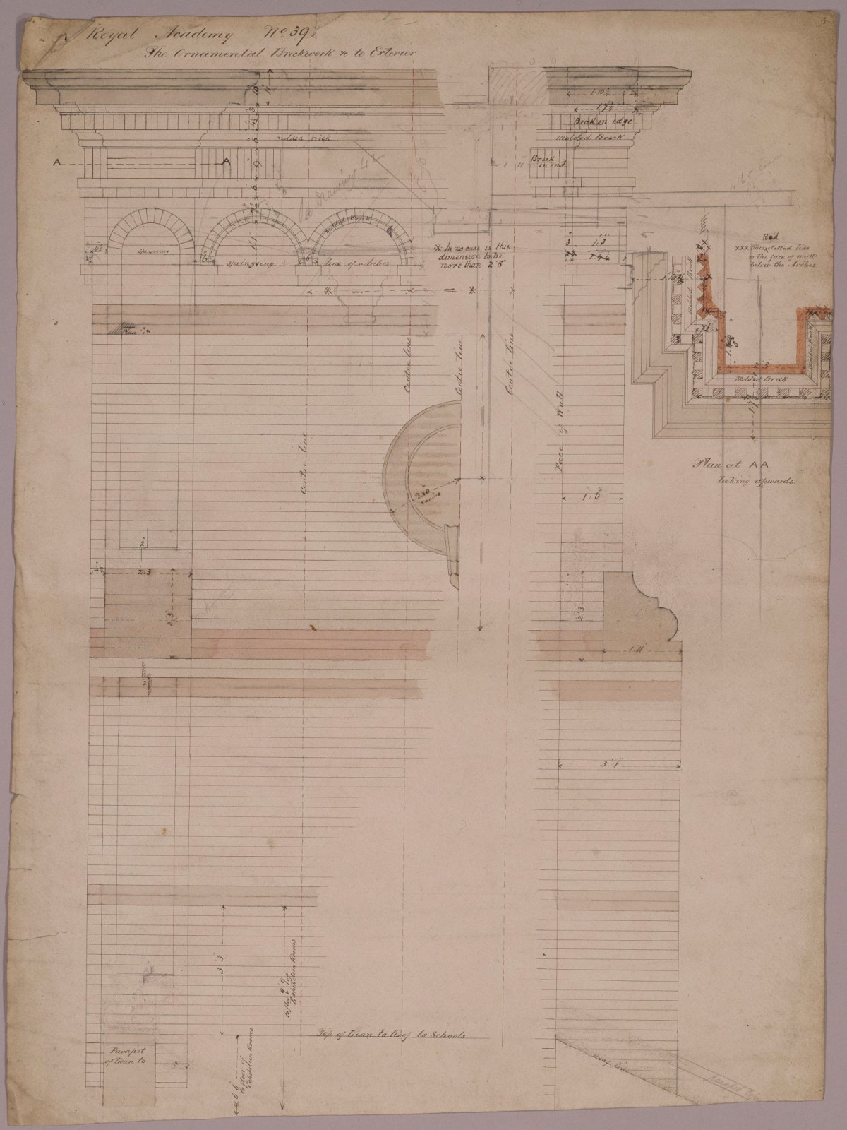 Sydney Smirke RA, Design for Royal Academy Main Exhibition Galleries and Schools building, Burlington House, Piccadilly, Westminster, London: part-plan, part-elevation and detail of ornamental brickwork and roundel to exterior, drawing no. 39