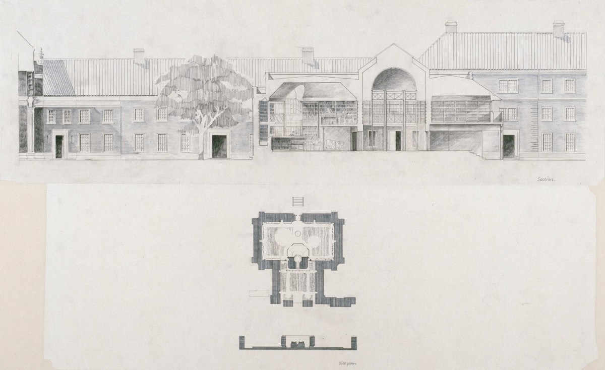 Sir Philip Dowson PRA, Record drawing for Forbes Mellon Library, Clare College, Cambridge: site plan and section