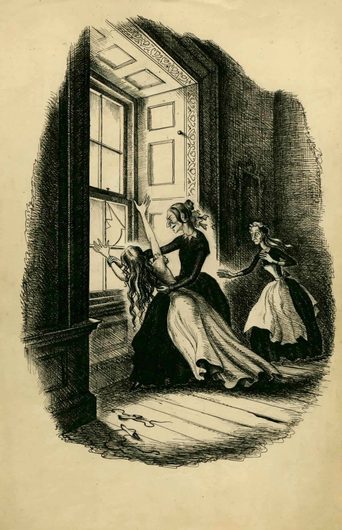 Charles W. Stewart, 'Madame had seized my wrists, and a wild struggle was going on', illustration for chapter 58 of Uncle Silas
