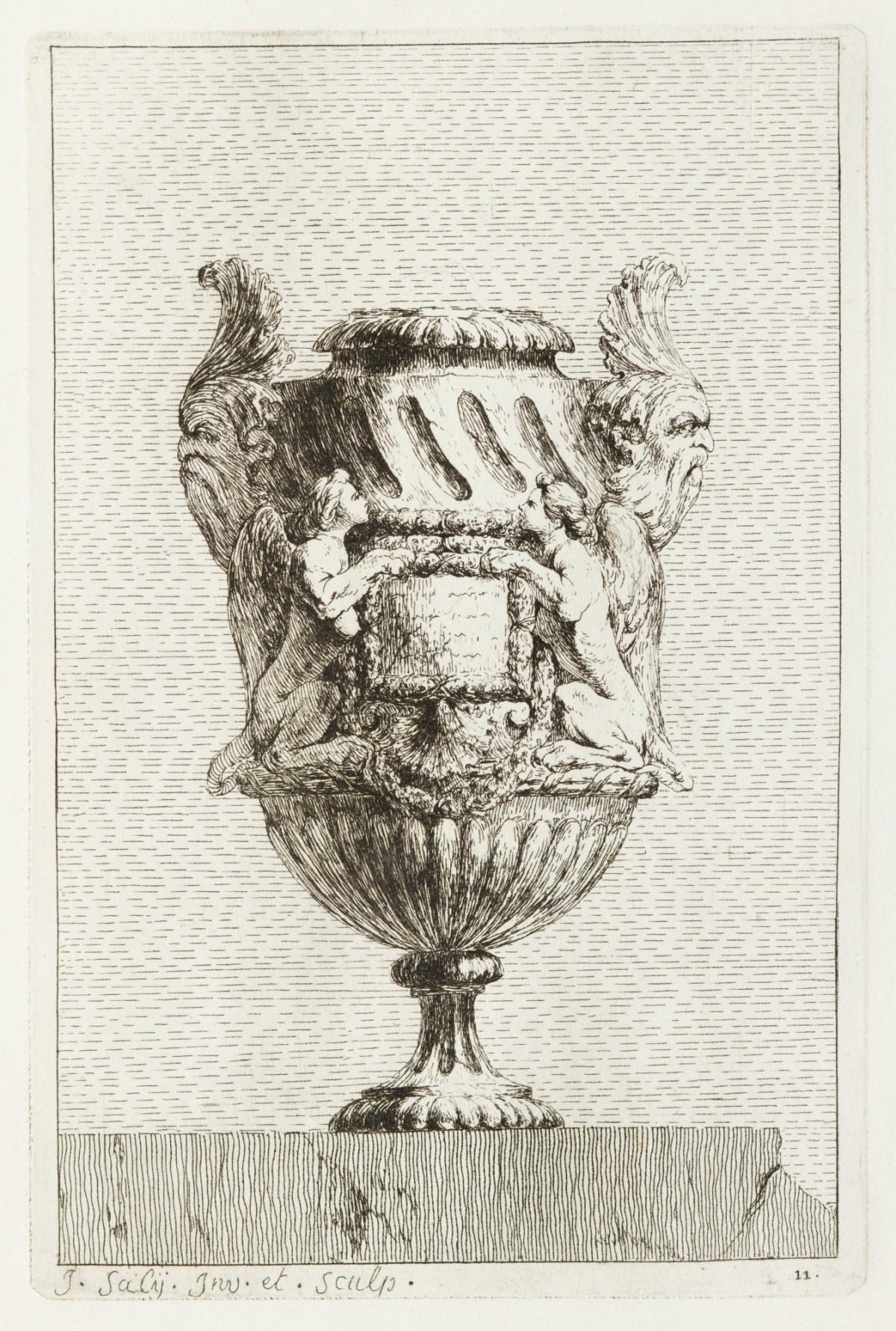 Jacques-François-Joseph Saly, Vase decorated with two sphinxes flanking a cartouche on the body.