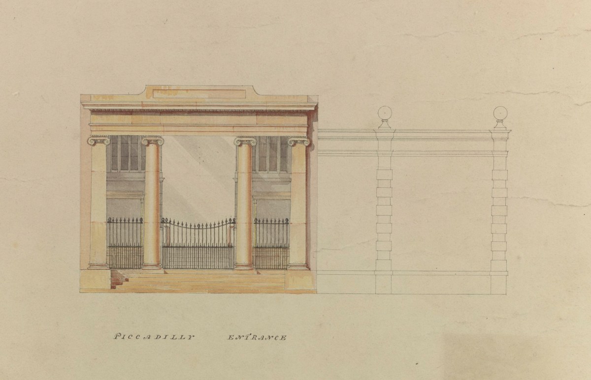 Samuel Ware, Design, unexecuted, for Burlington Arcade, Piccadilly, Westminster, London: plans, elevations and sections
