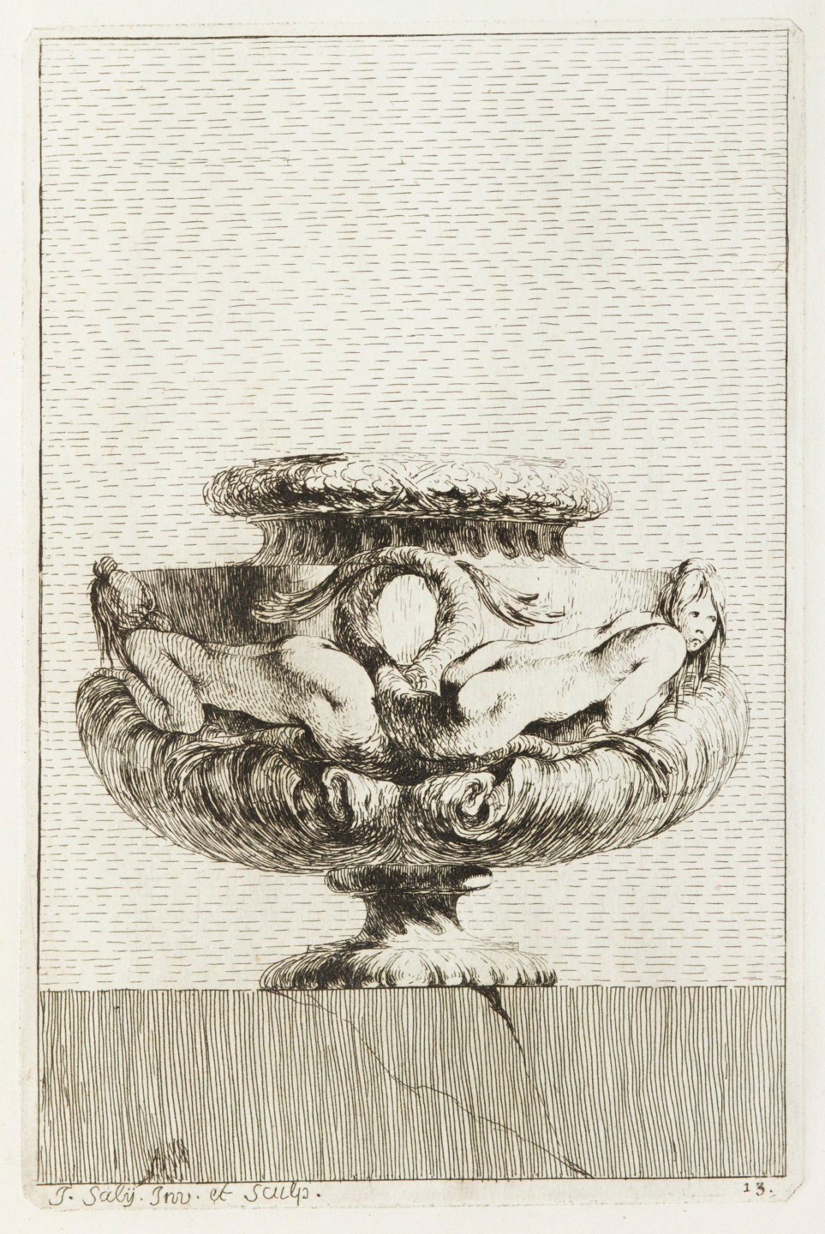 Jacques-François-Joseph Saly, Vase with lion-head ornament and tall funnel neck.
