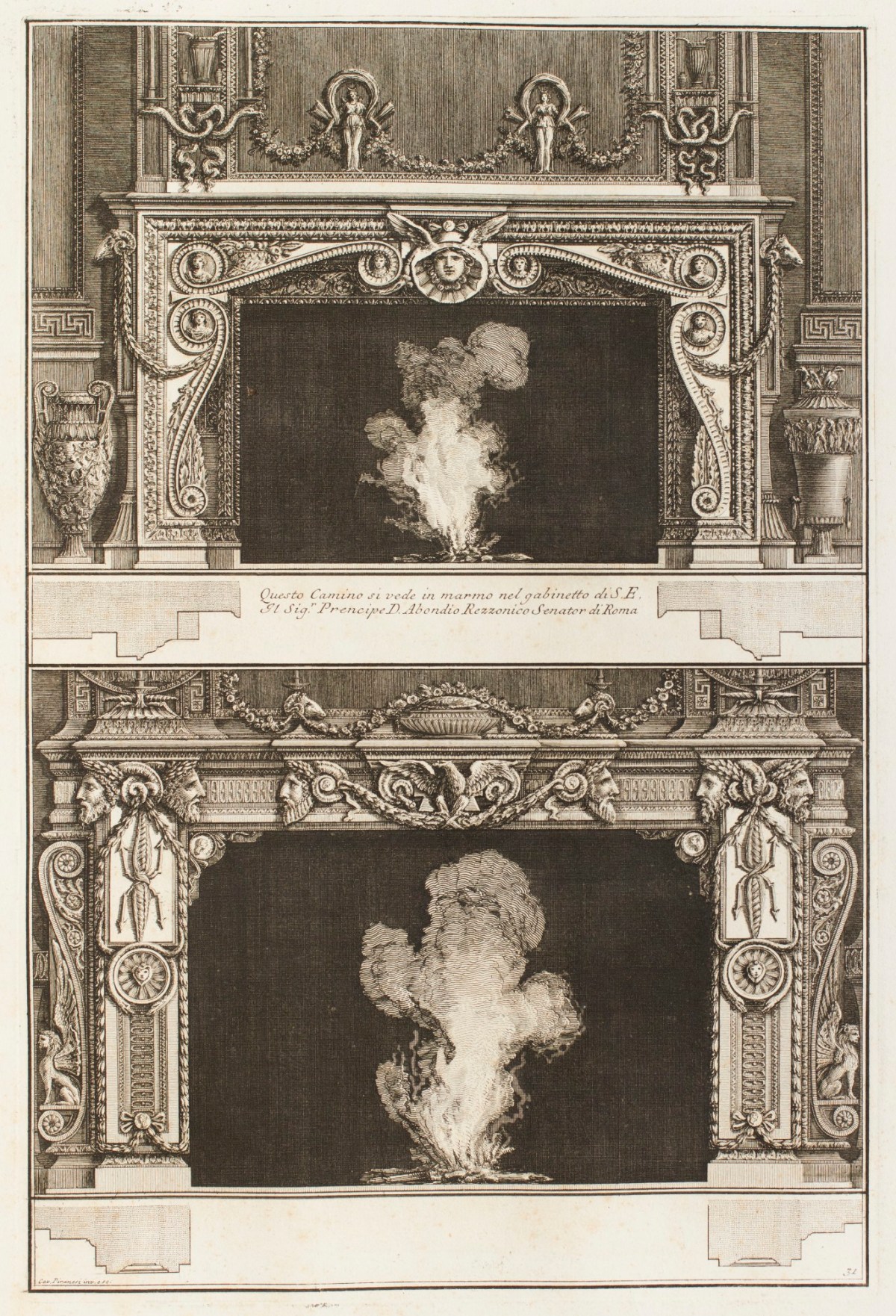 Giovanni Battista Piranesi, Design for two chimneypieces: top with snake motifs and winged Medusa face at centre; bottom with eagle motif at centre