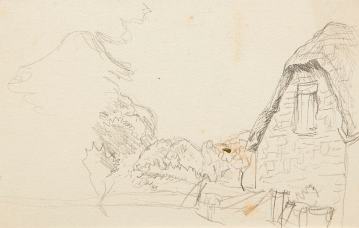 Sir George Clausen RA, Sketch of a thatched cottage with trees