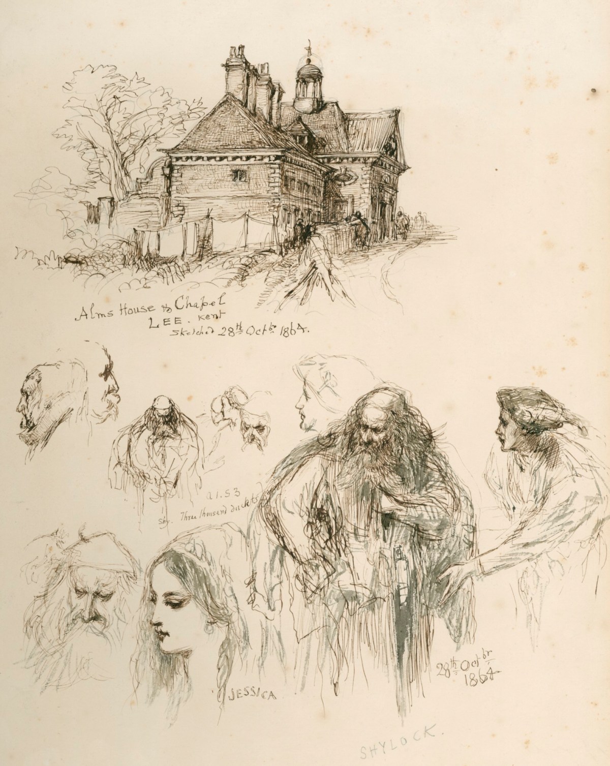 Sir John Gilbert RA, Alms House at Lee, Kent and sketches for an illustration to The Merchant of Venice