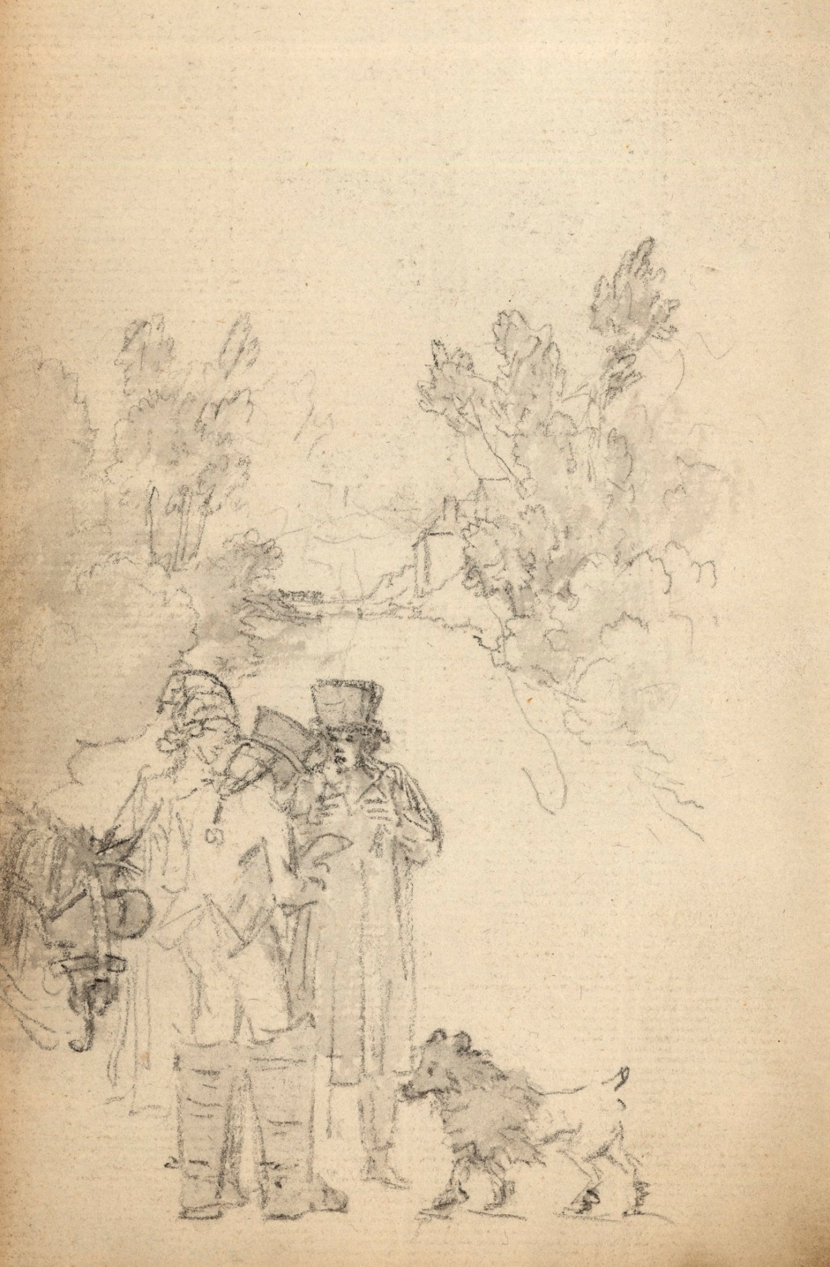 Benjamin West PRA, Leaf from a sketchbook with drawings of figures on a road