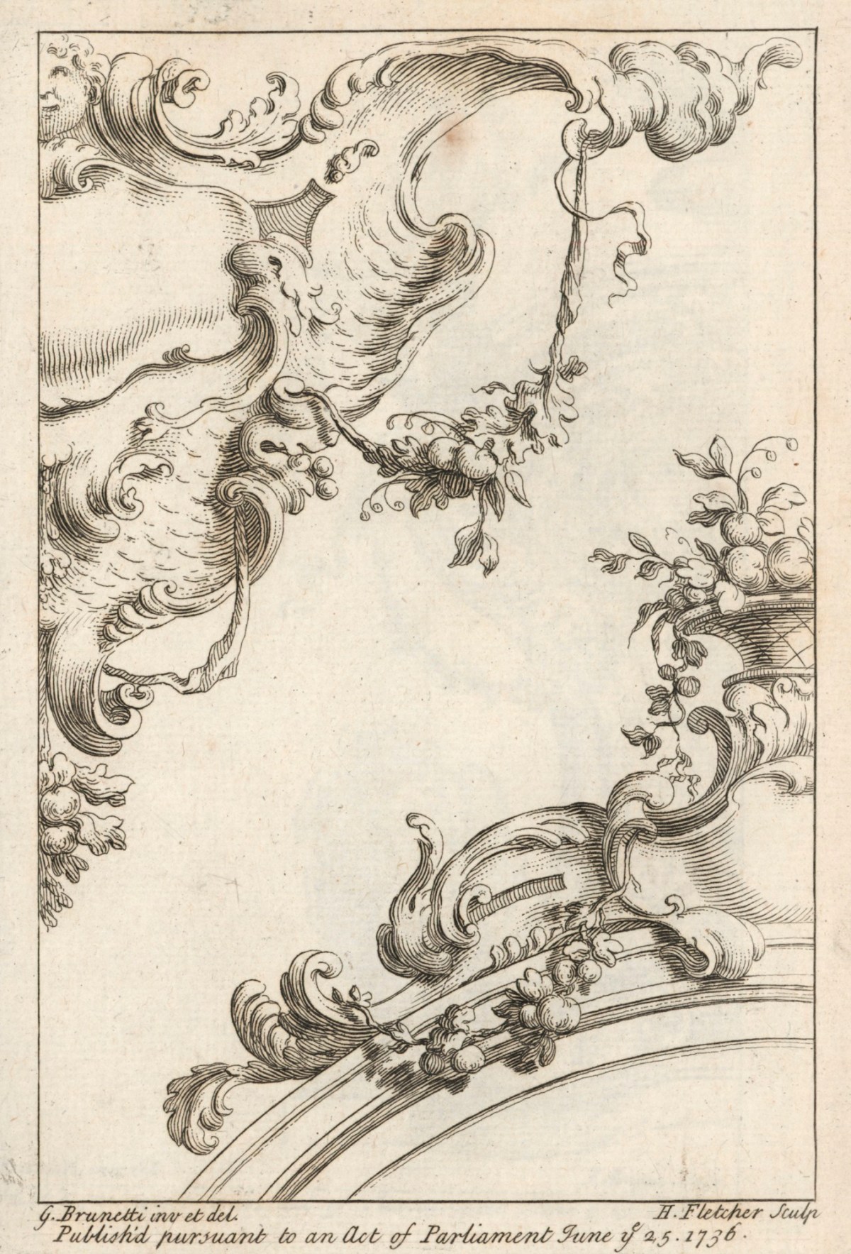 Gaetano Brunetti, Rocaille hanging cartouche and ornament for a round-headed frame
