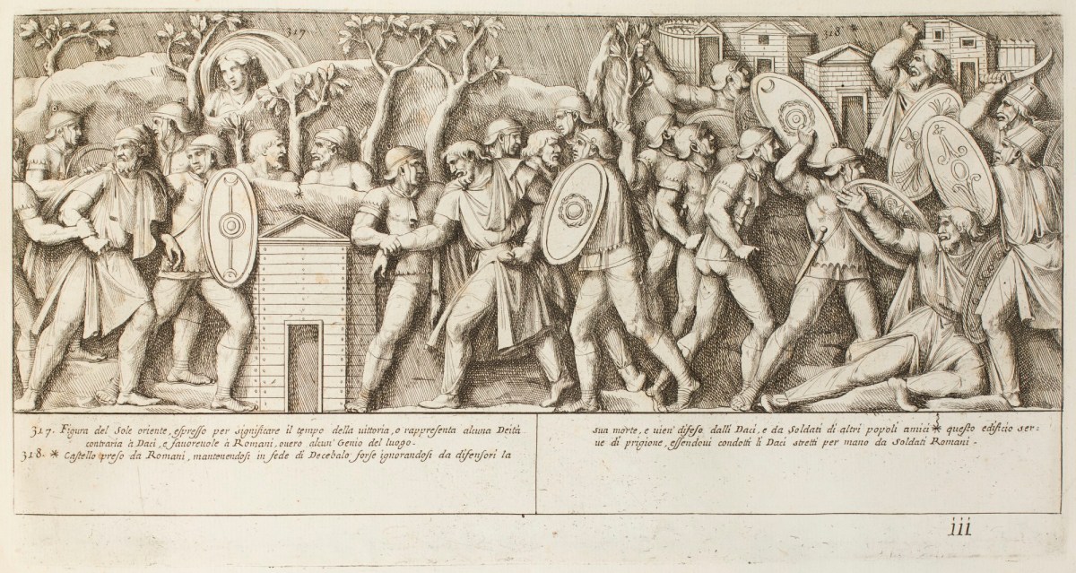 Pietro Santi Bartoli, Plate 111: Roman soldiers imprisoning some Dacian soldiers