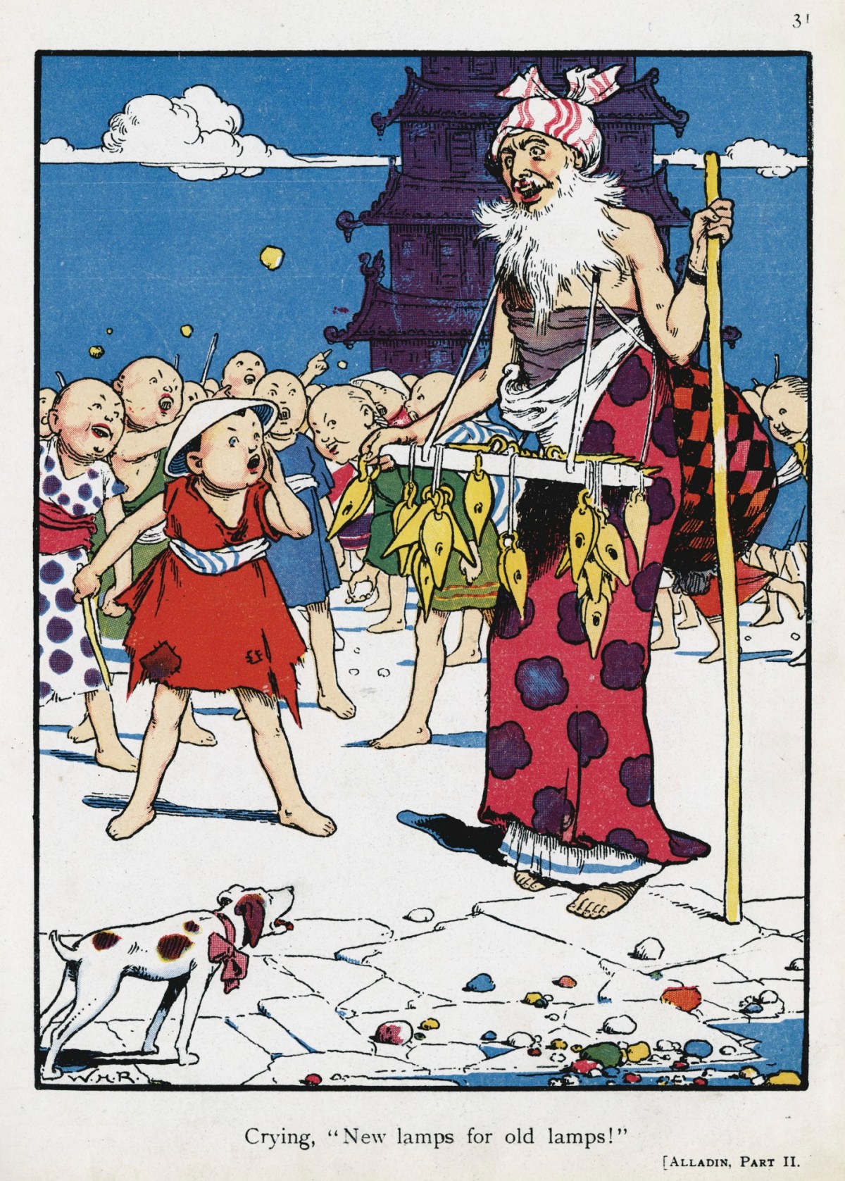 William Heath Robinson, 'Crying, "New lamps for old lamps!"'