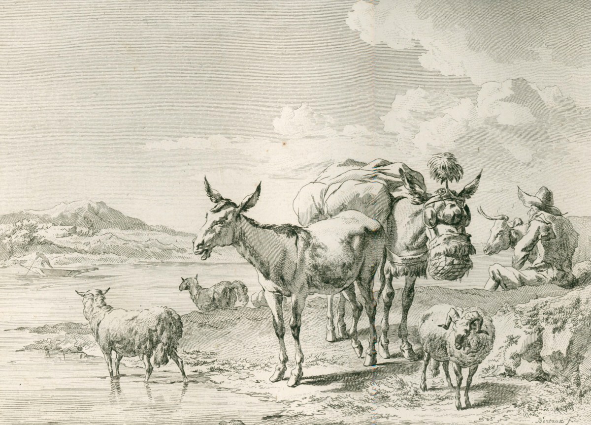 Nicolaes Berchem, Mules and sheep beside a river