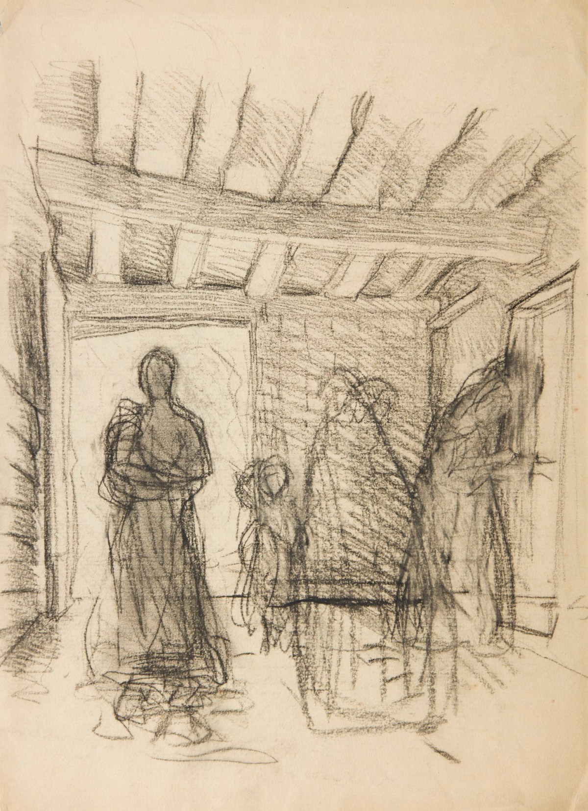 Sir George Clausen RA, Study of a beamed interior with figures