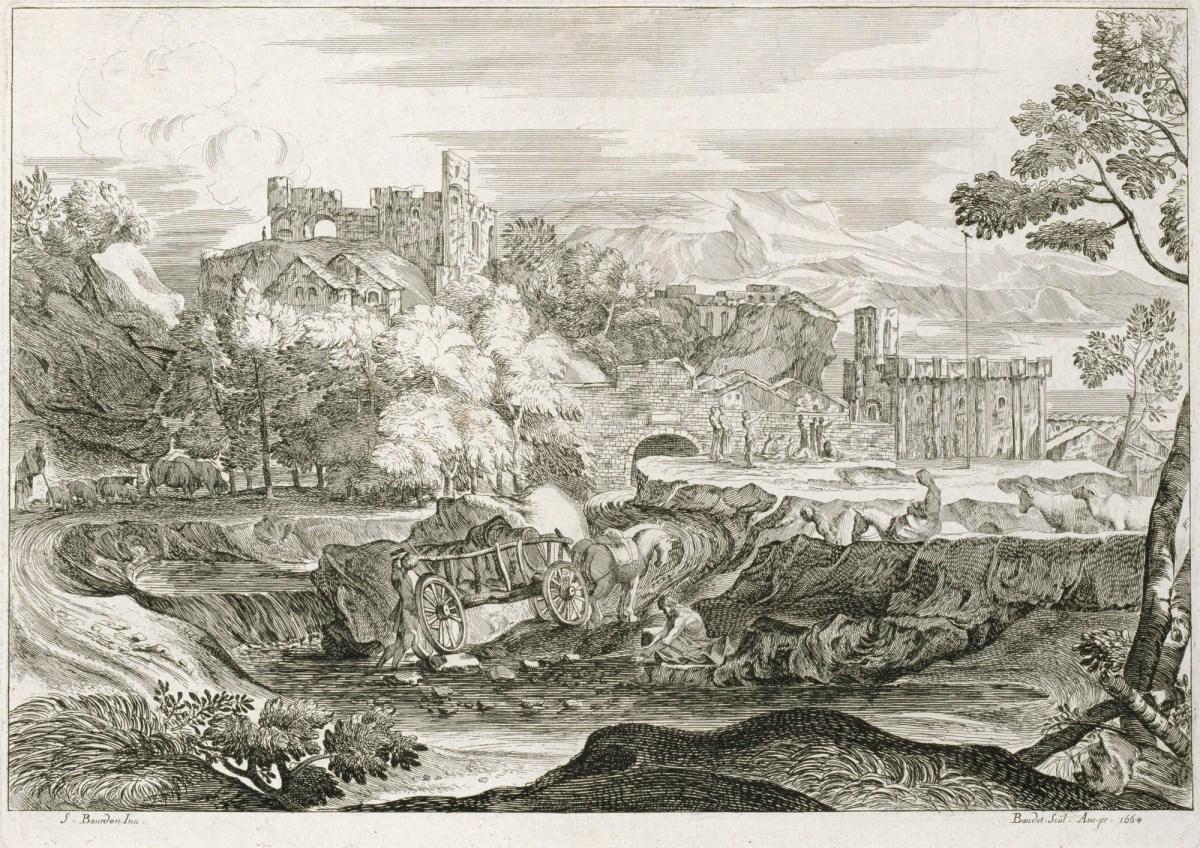 Sébastien Bourdon, Landscape with a four-wheeled cart stuck in a rut