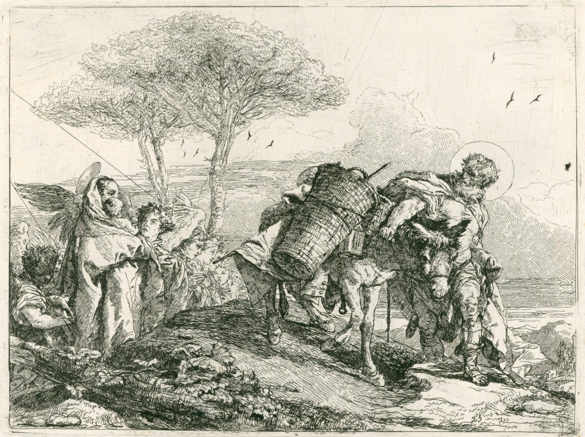 Giandomenico Tiepolo, The Flight into Egypt: Mary helped by two Angels follows Joseph with the donkey