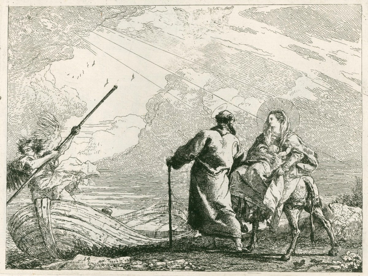 Giandomenico Tiepolo, The Flight into Egypt: The Holy Family on the bank of a river