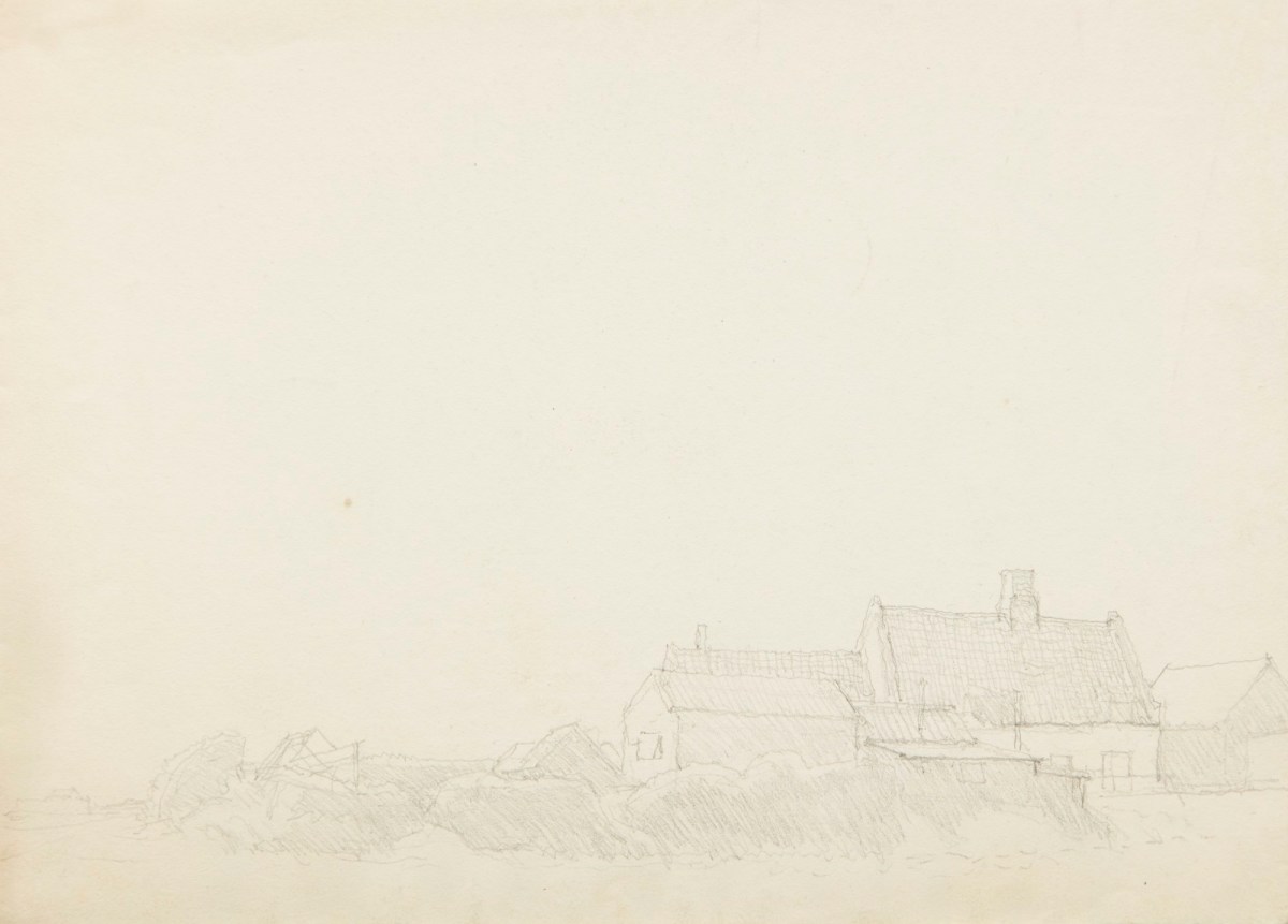 Sir George Clausen RA, View of farm buildings and hedges