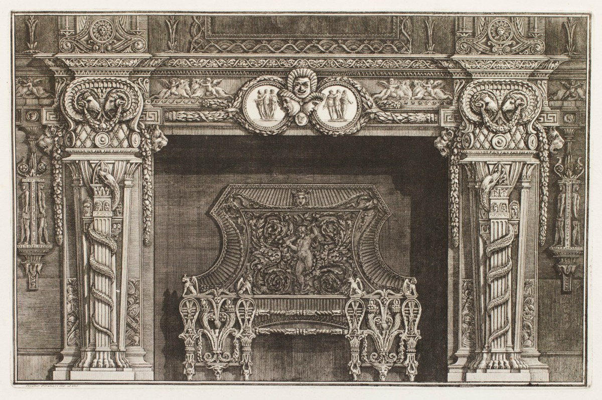 Giovanni Battista Piranesi, Design for chimneypiece with central medallions depicting the Three Graces and ram head motif on the jambs
