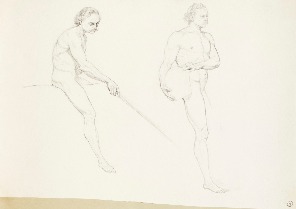 Henry Hugh Armstead RA, Two studies of male nudes, for the 'History of the Shirleys' reliefs