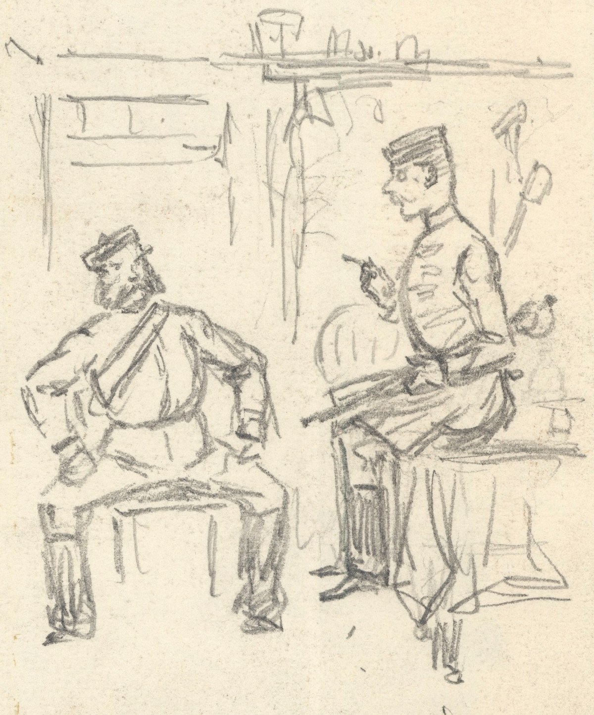 John Leech, Sketch for a Punch cartoon entitled 'The Latest Imperial Cartes de Visite' (recto) and Sketch of two soldiers sitting in an interior (verso)