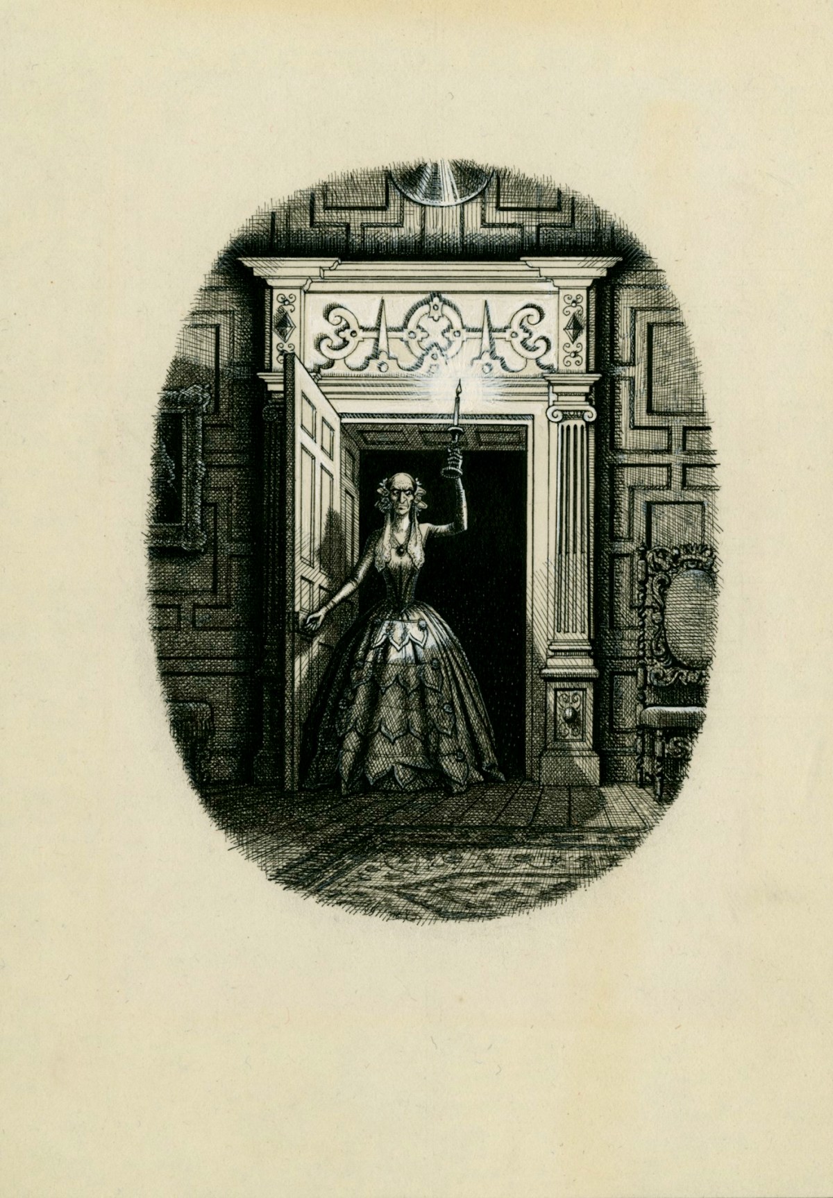 Charles W. Stewart, 'She stood scowling into the room with a searching and pallid scrutiny', illustration for chapter 18 of Uncle Silas