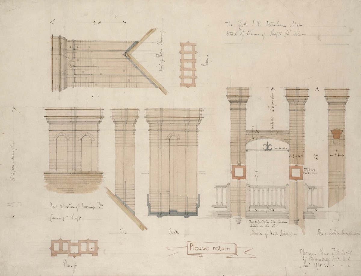 Richard Norman Shaw RA, Design for Bannow, St. Leonards, Sussex: working drawing: plans and elevations of morning room, waiting room and hall chimneys