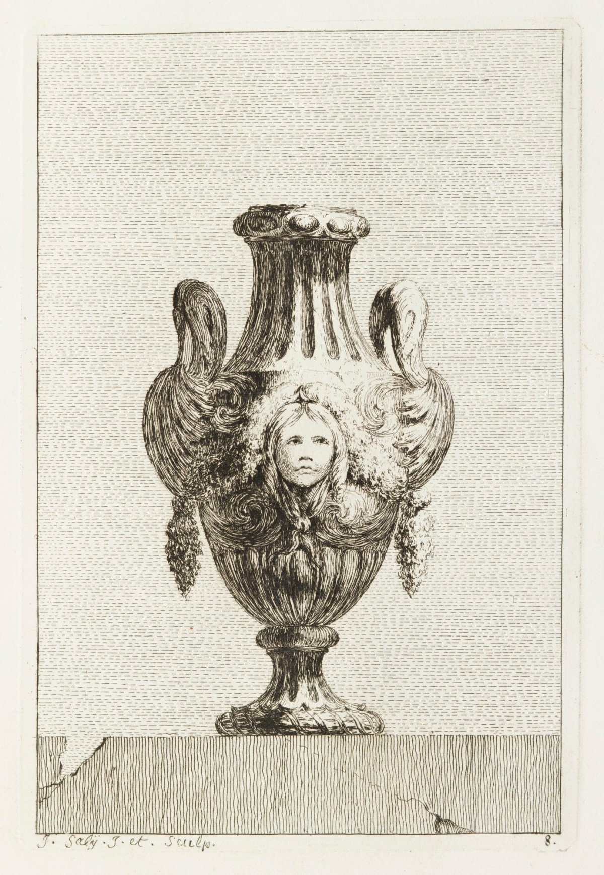 Jacques-François-Joseph Saly, Vase decorated with female mask on the body.