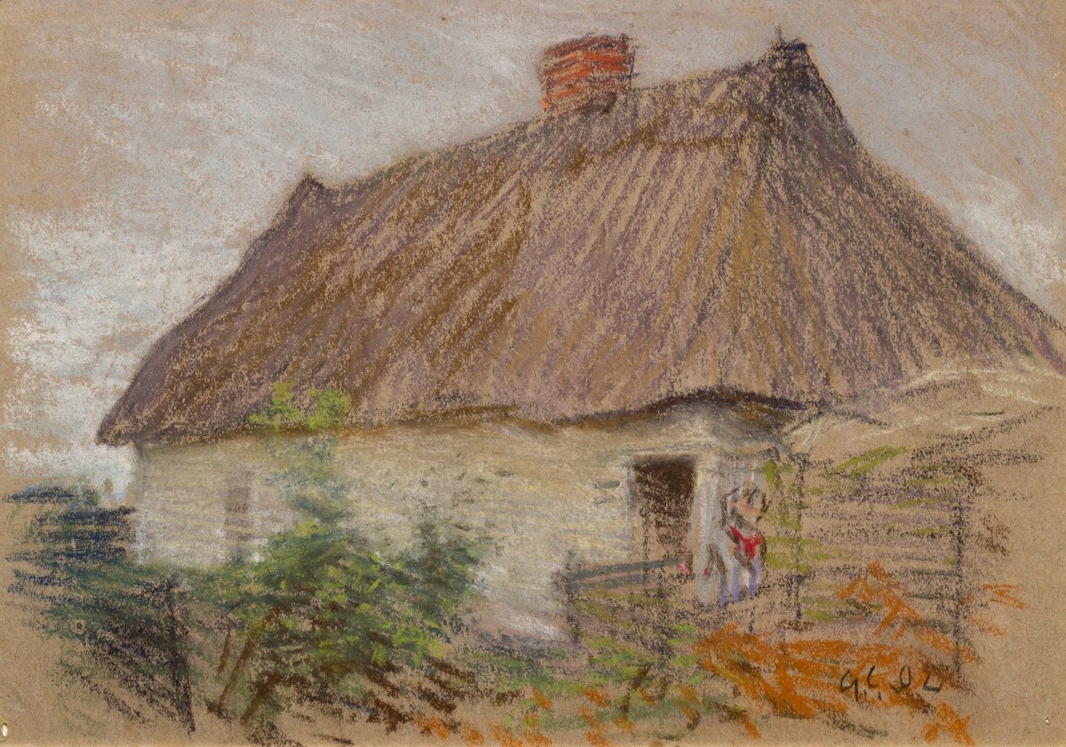 Sir George Clausen RA, Study of a white cottage with figure