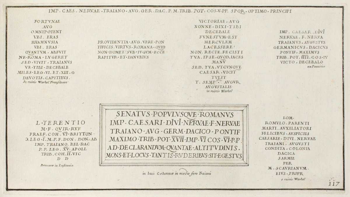 Pietro Santi Bartoli, Plate 117: Latin inscriptions celebrating the victory over the Dacians