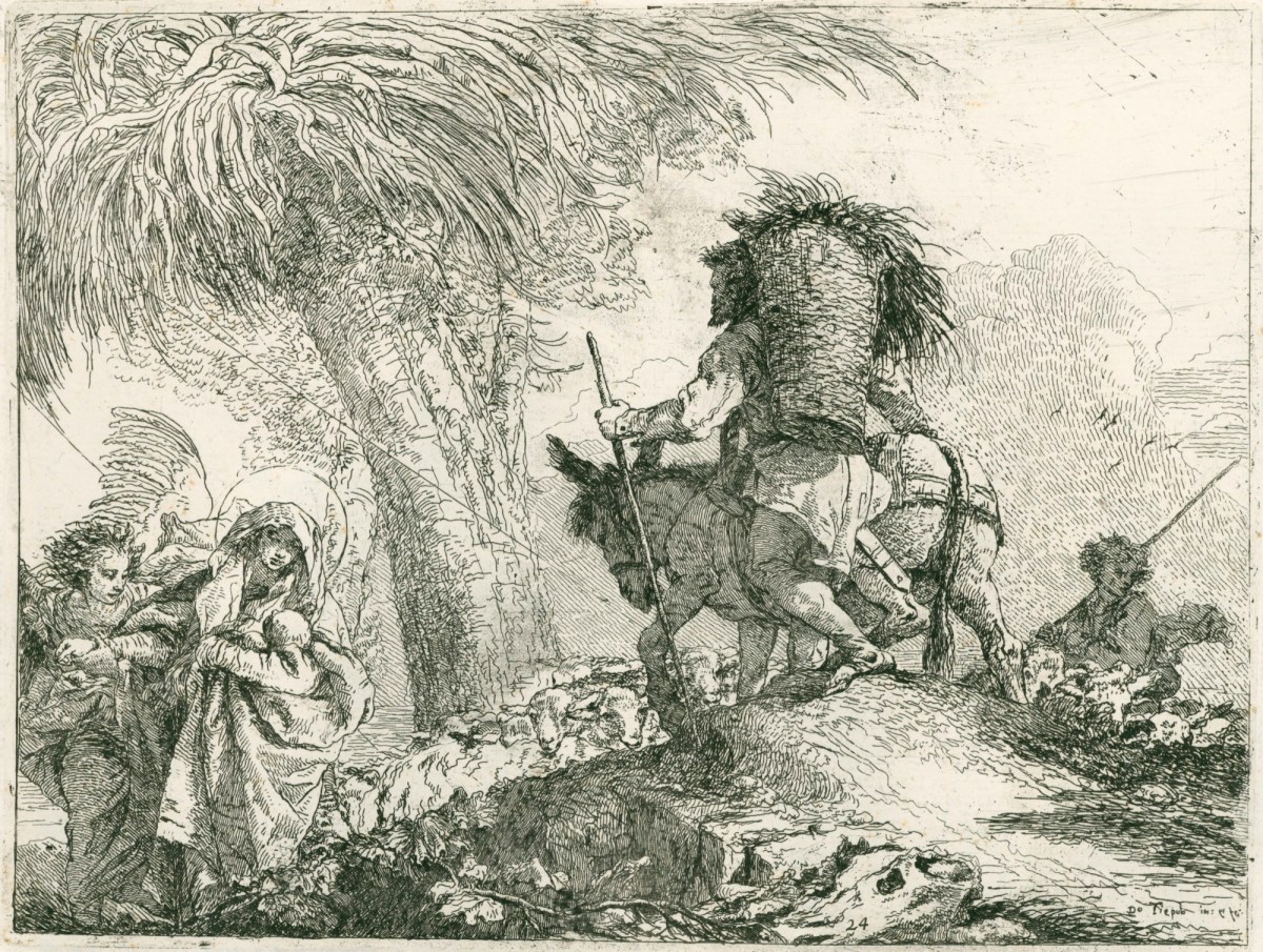 Giandomenico Tiepolo, The Flight into Egypt: Mary helped by an Angel and Joseph carrying the basket