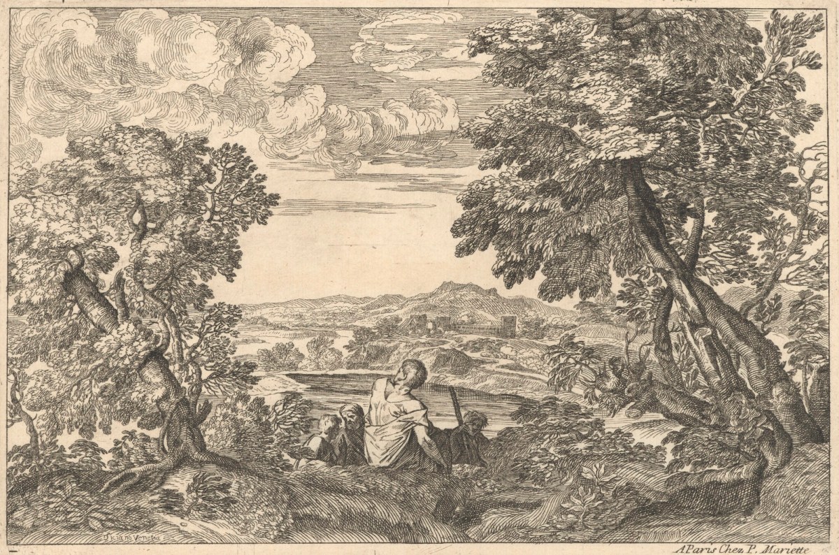 Moyse-Jean-Baptiste Fouard, Landscape with four travellers overlooking a lake