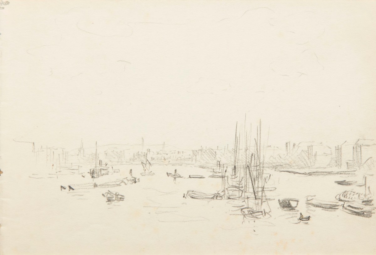 Sir George Clausen RA, View of a river with boats and shoreline buildings