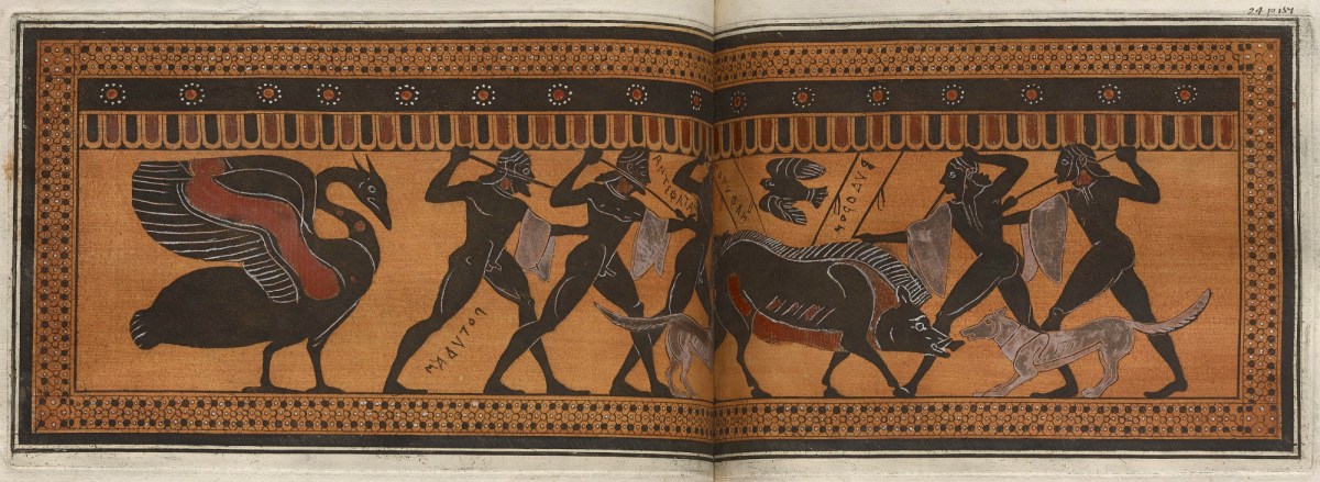 Sir William Hamilton, The Hunt Krater: colour plate of boar hunt with five hunters