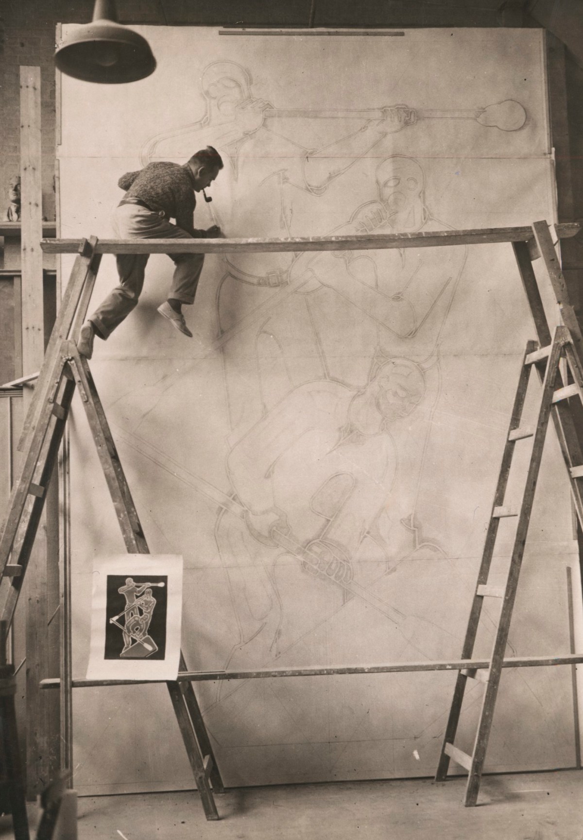 Unidentified photographer, Maurice Lambert R.A. in his studio working on a design for 'Glassblowers', 1934