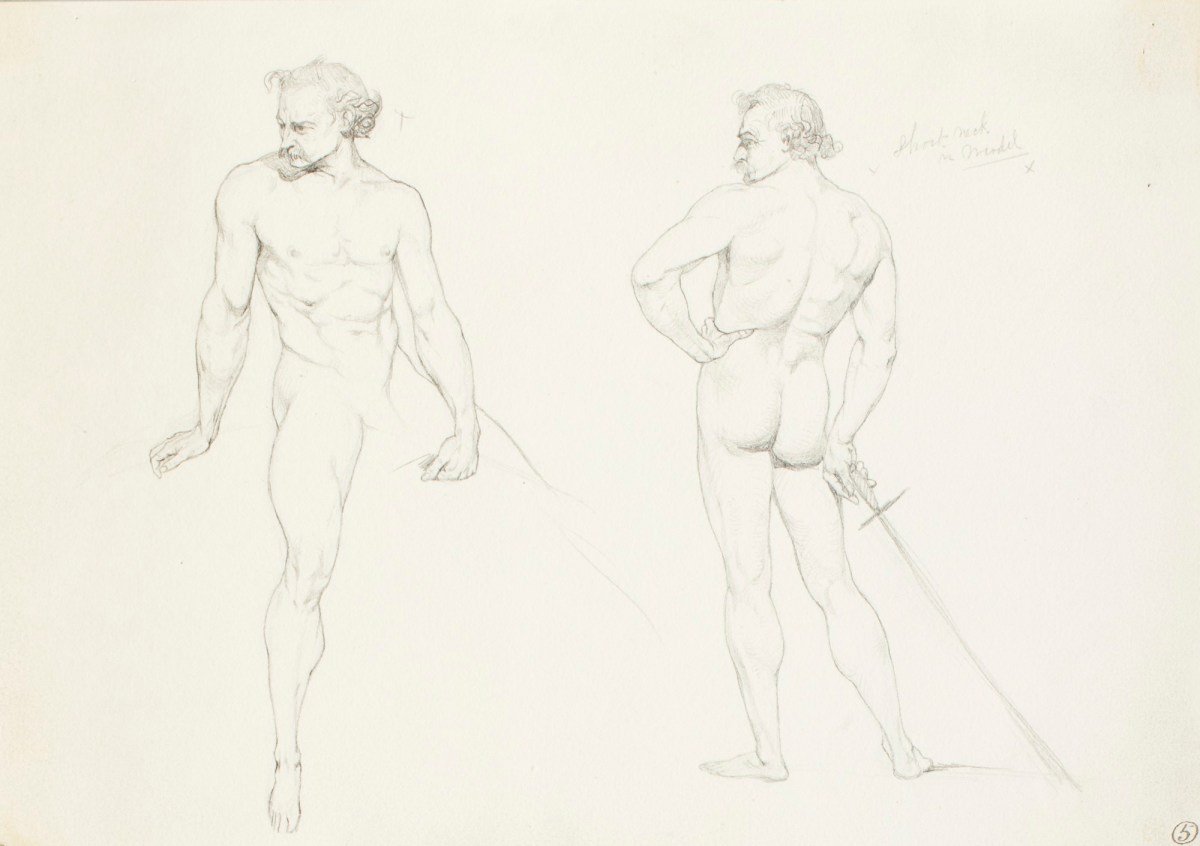 Henry Hugh Armstead RA, Two nude studies of a male figure for the 'History of the Shirleys' reliefs