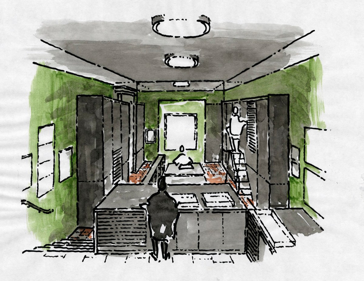 H.T. Cadbury-Brown RA, Preliminary design for the library print room, Royal Academy of Arts, Burlington House, Piccadilly, London: perspective looking south