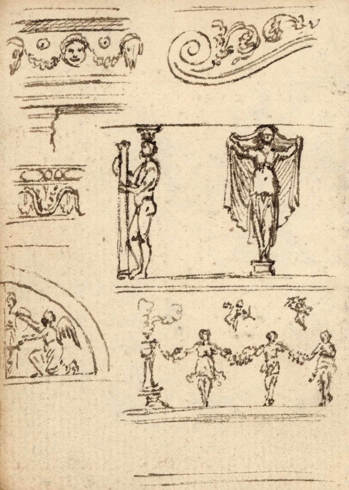 Benjamin West PRA, Leaf from a sketchbook with drawings of grotesque ornament