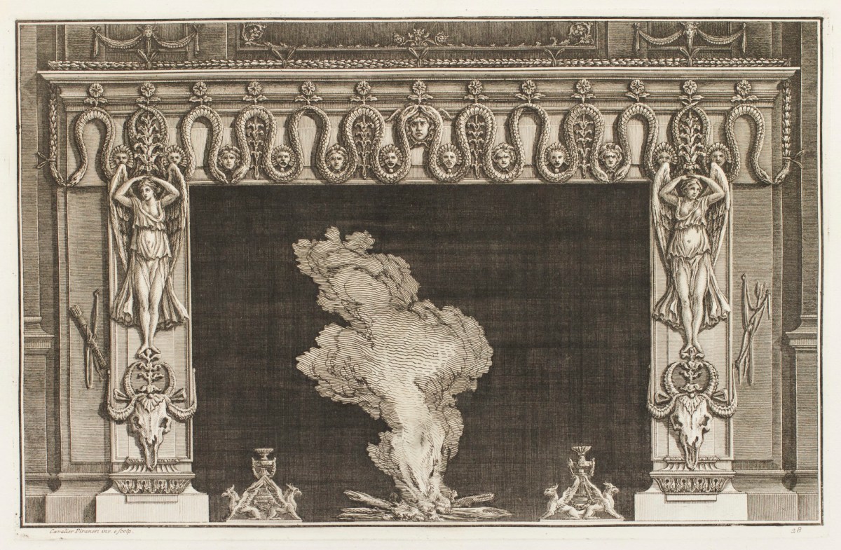 Giovanni Battista Piranesi, Design for chimneypiece with mask and snake decoration on frieze and winged female figure on each jamb
