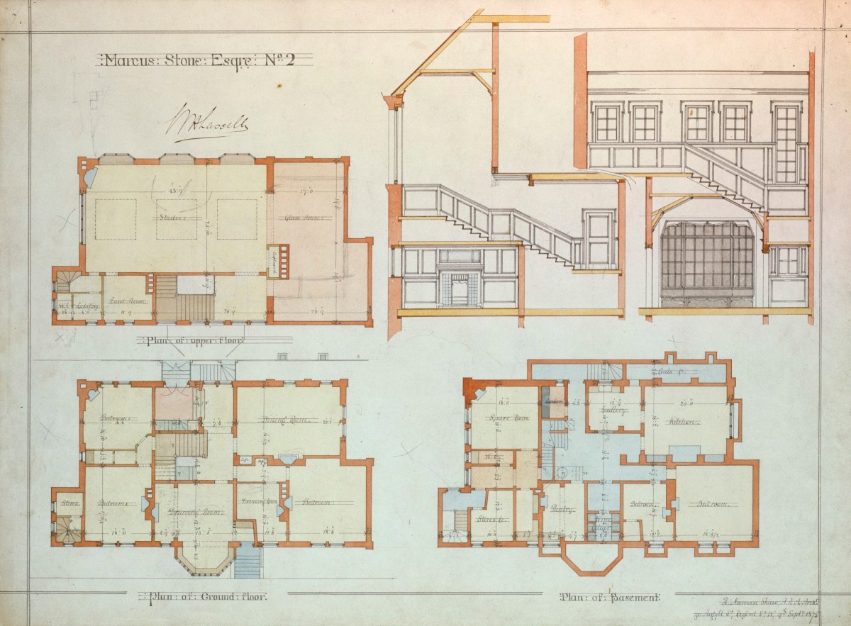 Richard Norman Shaw RA, Design for 8 Melbury Road, Kensington, London W14: basement plan, ground floor plan, upper floor plan and two sections through principal staircase