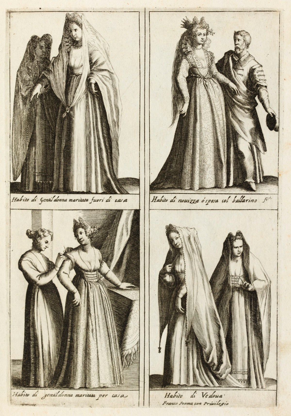 Unsigned, Four small compositions on a single plate, with costumes of Venetian women.