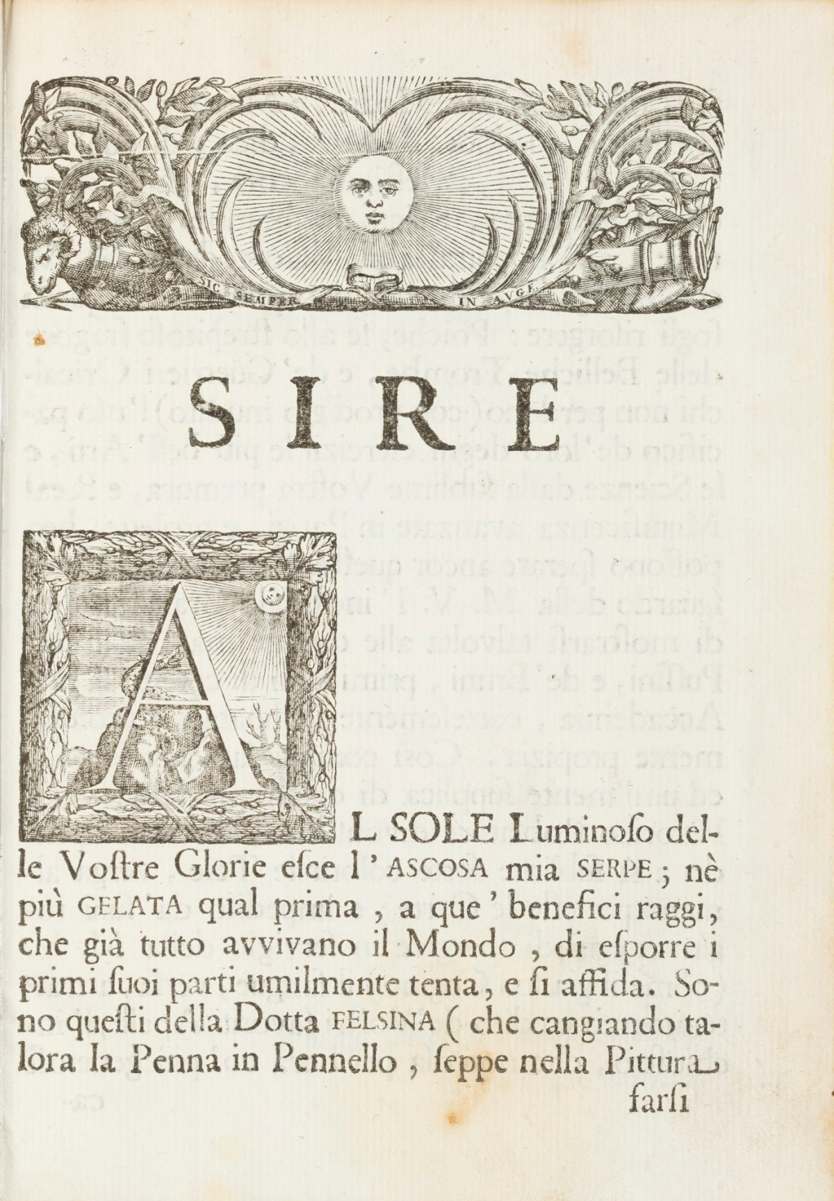 Unsigned, Dedication page with illustrated head-piece and initial.
