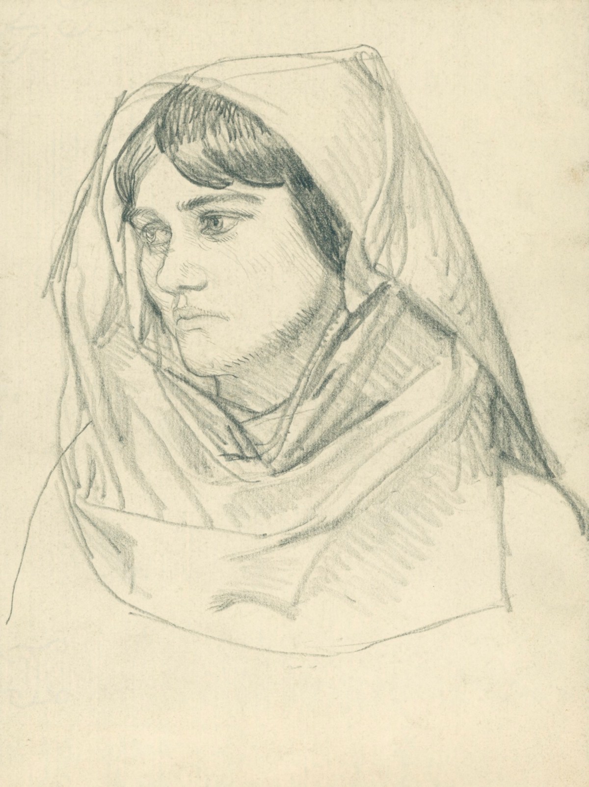 Sir George Clausen RA, Study of a female head with headdress for 'The English People ...'