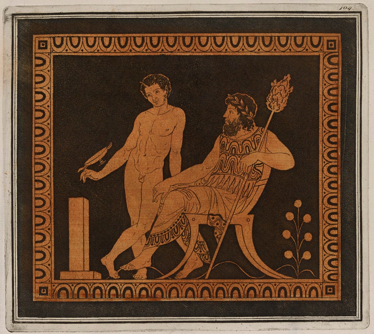 Sir William Hamilton, Colour plate of bearded Dionysus, seated, and Pan, taken from an attic lekythos
