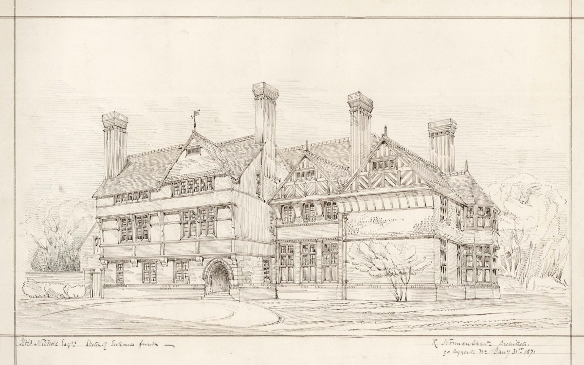 Richard Norman Shaw RA, Design for Houndswood, Radlett, Herts.: perspective sketch of entrance front